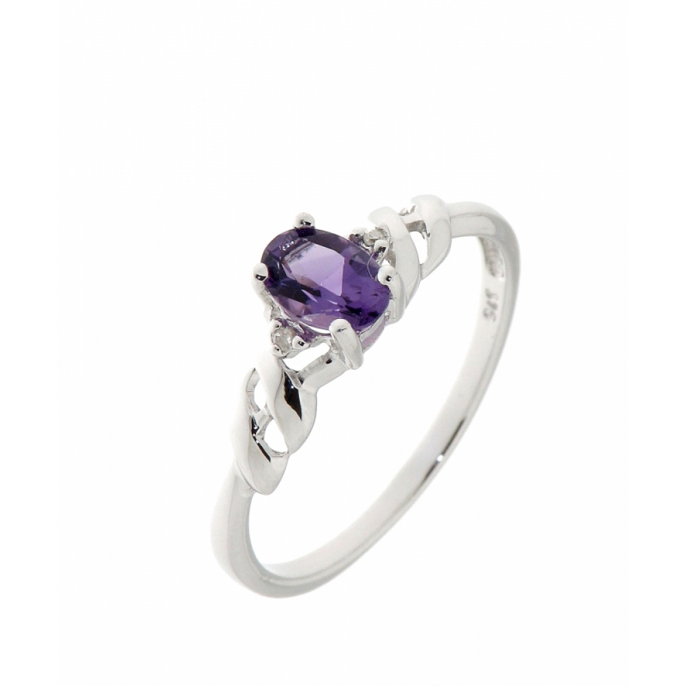 Bague Or Blanc 375 Amethyste Ovale 6x4mm et Diamant Bijoux Femme