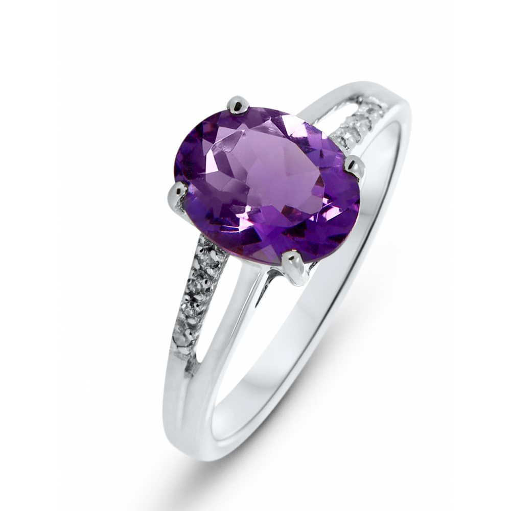 Bague Or blanc 375 Amethyste Ovale 9x7mm et Diamant - Bijoux Femme