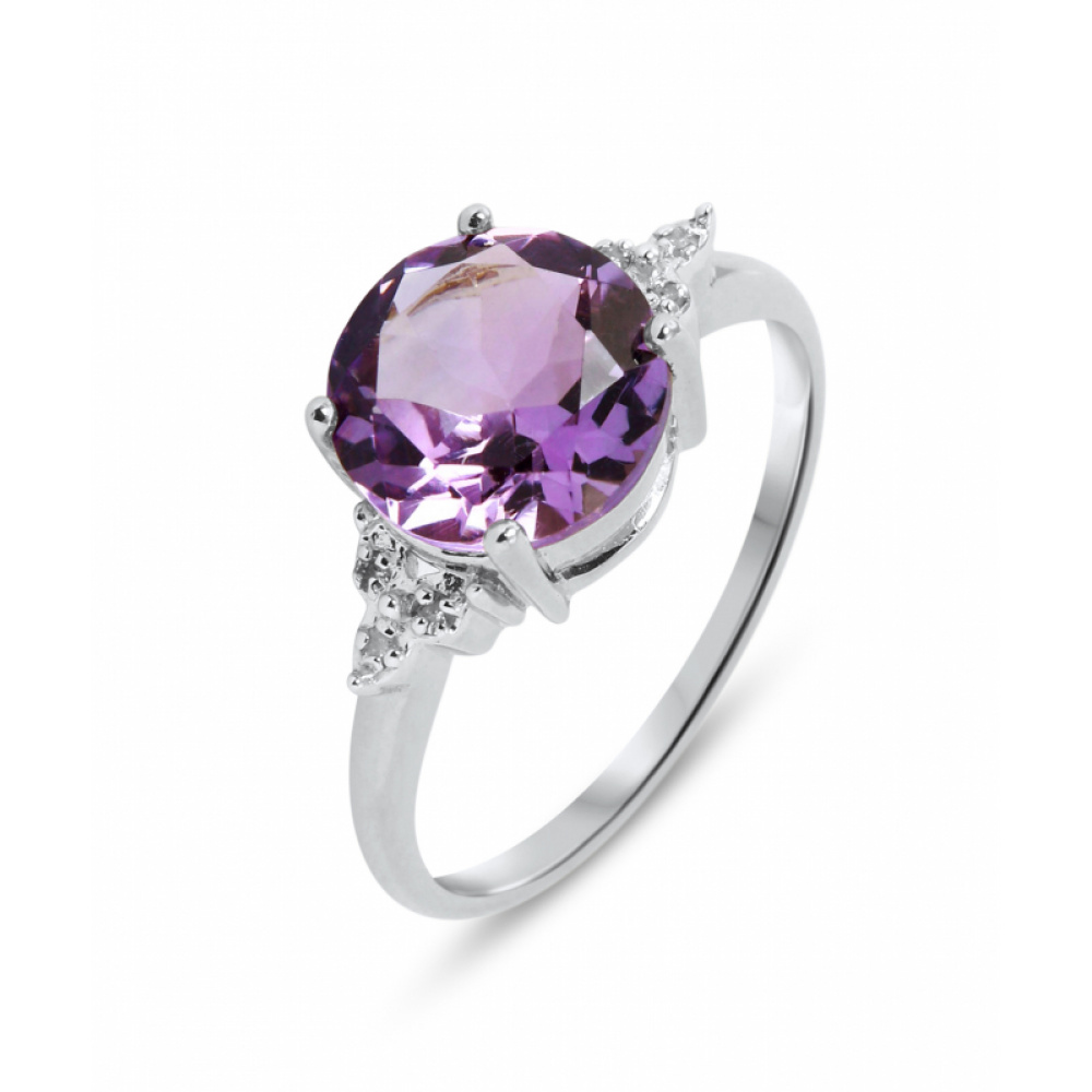 Bague Or blanc 375 Amethyste Ronde 9mm et Diamant Bijoux Femme