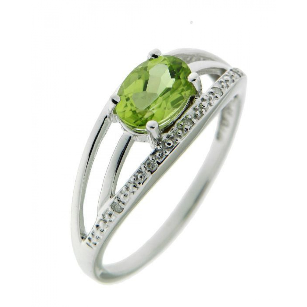 Bague Or Blanc 375 Peridot Ovale 7x5mm et Diamant Bijoux Femme