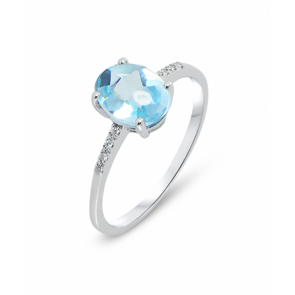 Bague Or Blanc 375 Topaze Bleue Ovale 8x6mm et Diamant - Bijoux Femme