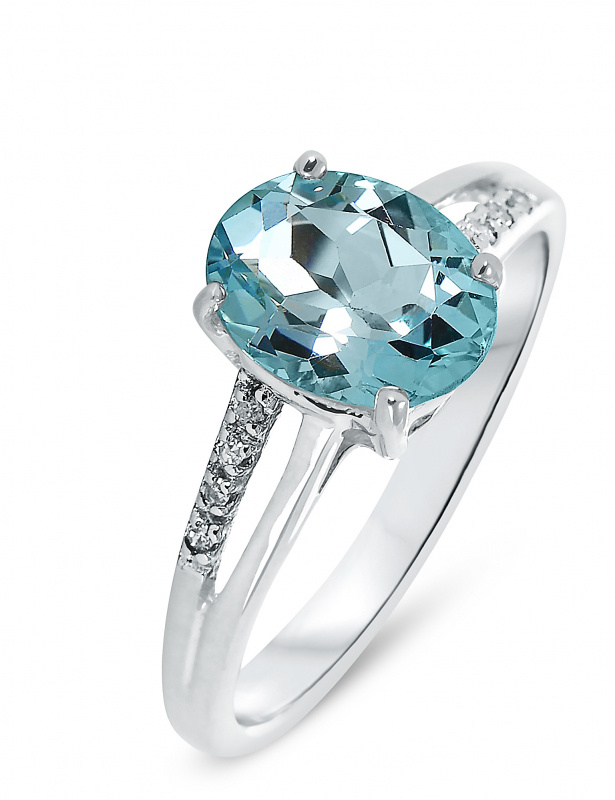 Bague Or blanc 375 Topaze Bleue Ovale 9x7mm et Diamant