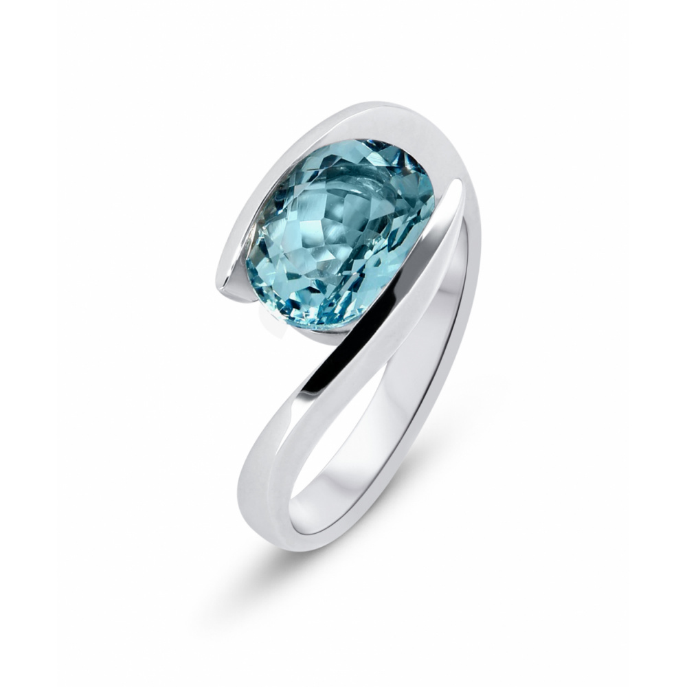 Bague Or Blanc 750 Aigue Marine Ovale 10x8mm Ref. 39388