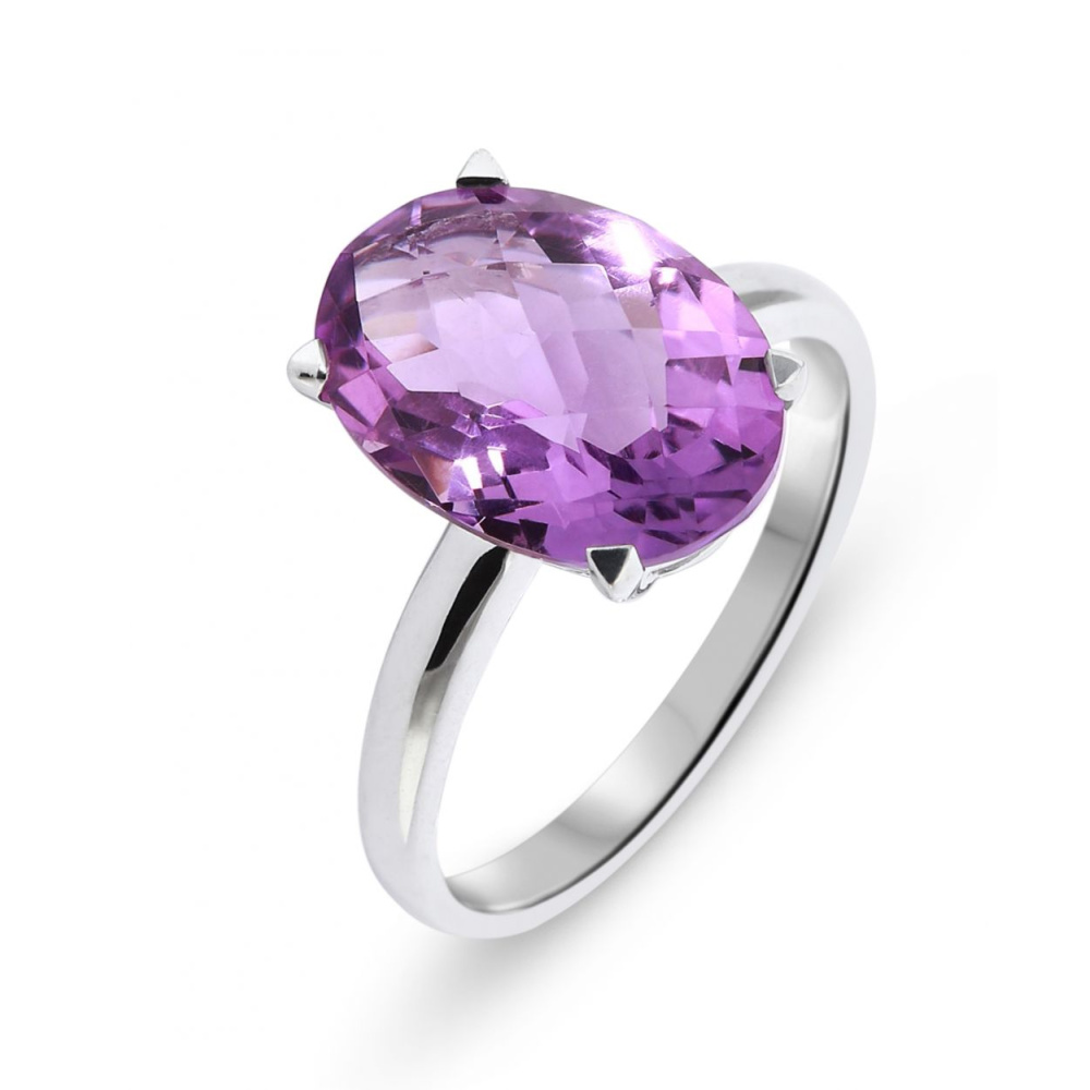 Bague En Or Blanc 9 Carats (375/°) Avec Améthyste Centrale - Poids 1,18g, Bijou D'occasion