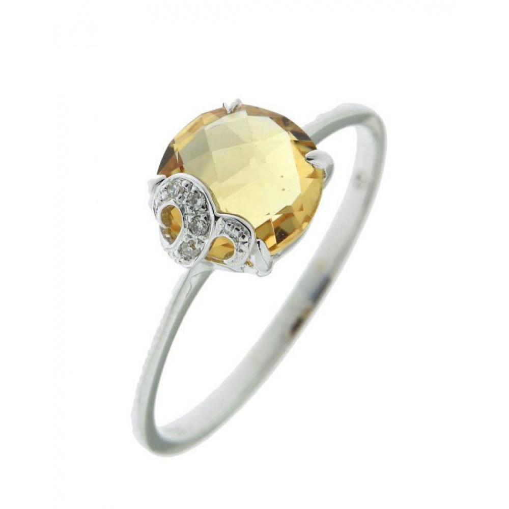 Bague Or Blanc 750 Citrine Ronde 8mm et Diamant - Bijoux Femme