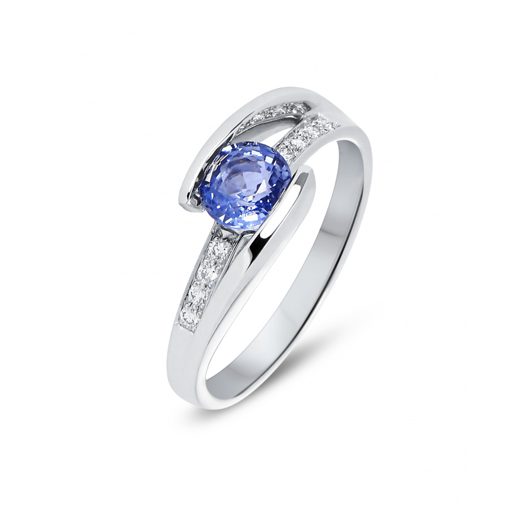  Bague  Or Blanc 750 Saphir  de Ceylan Rond 5 4mm et Diamant 