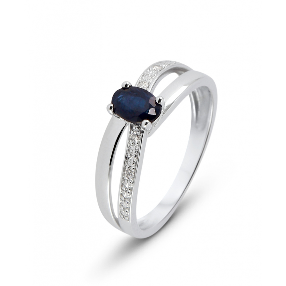 Bague Fiançailles Saphir Naturel Ovale 2.30ct & Diamants Or Blanc 14k - Taille 7 - NEUVE Personnalisable