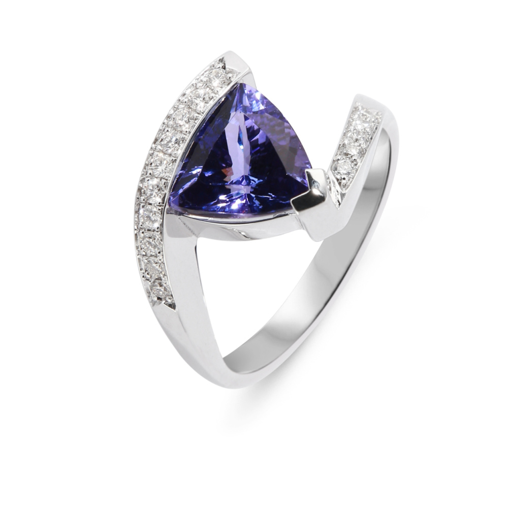 Bague Or Blanc 750 Tanzanite Trillion 9mm et Diamant - Bijoux Femme