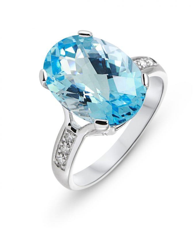 Bague Or Blanc 750 Topaze Bleue 14x10mm et Diamant Ref.