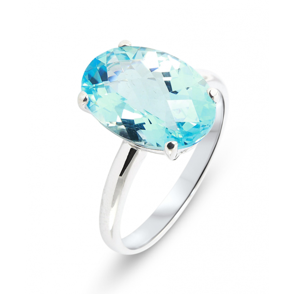 Bague Or Blanc 9 Carats Avec Topaze Bleue Et Zircon - Taille 54, Sertie, Jamais Portée