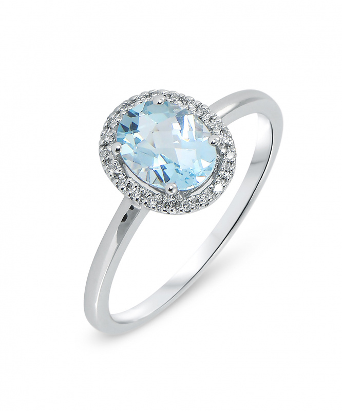 Bague Or Blanc 750 Topaze Bleue Ovale 8x6mm et Diamant