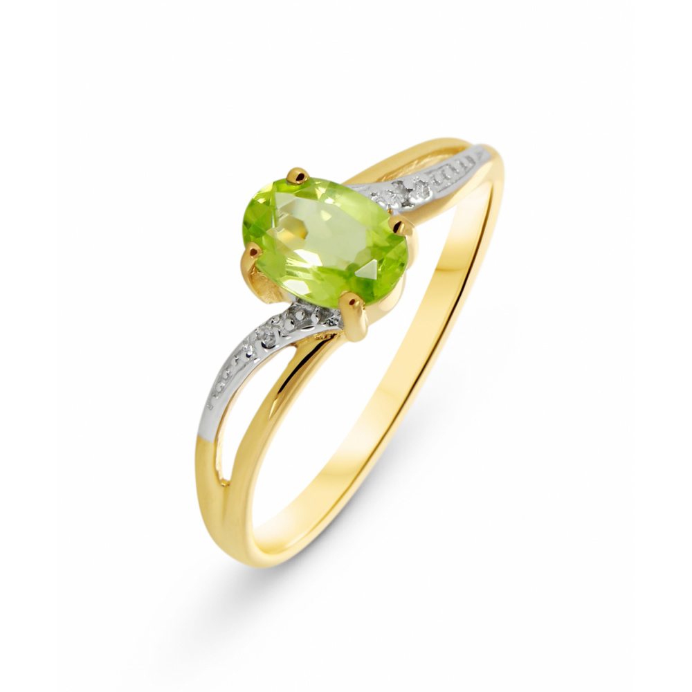 Bague Or jaune 375 Peridot Ovale 7x5mm et Diamant - Bijoux Femme