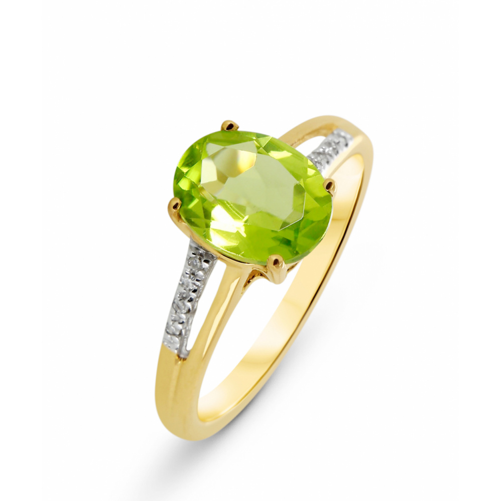 Bague Or jaune 375 Peridot Ovale 9x7mm et Diamant Bijoux Femme