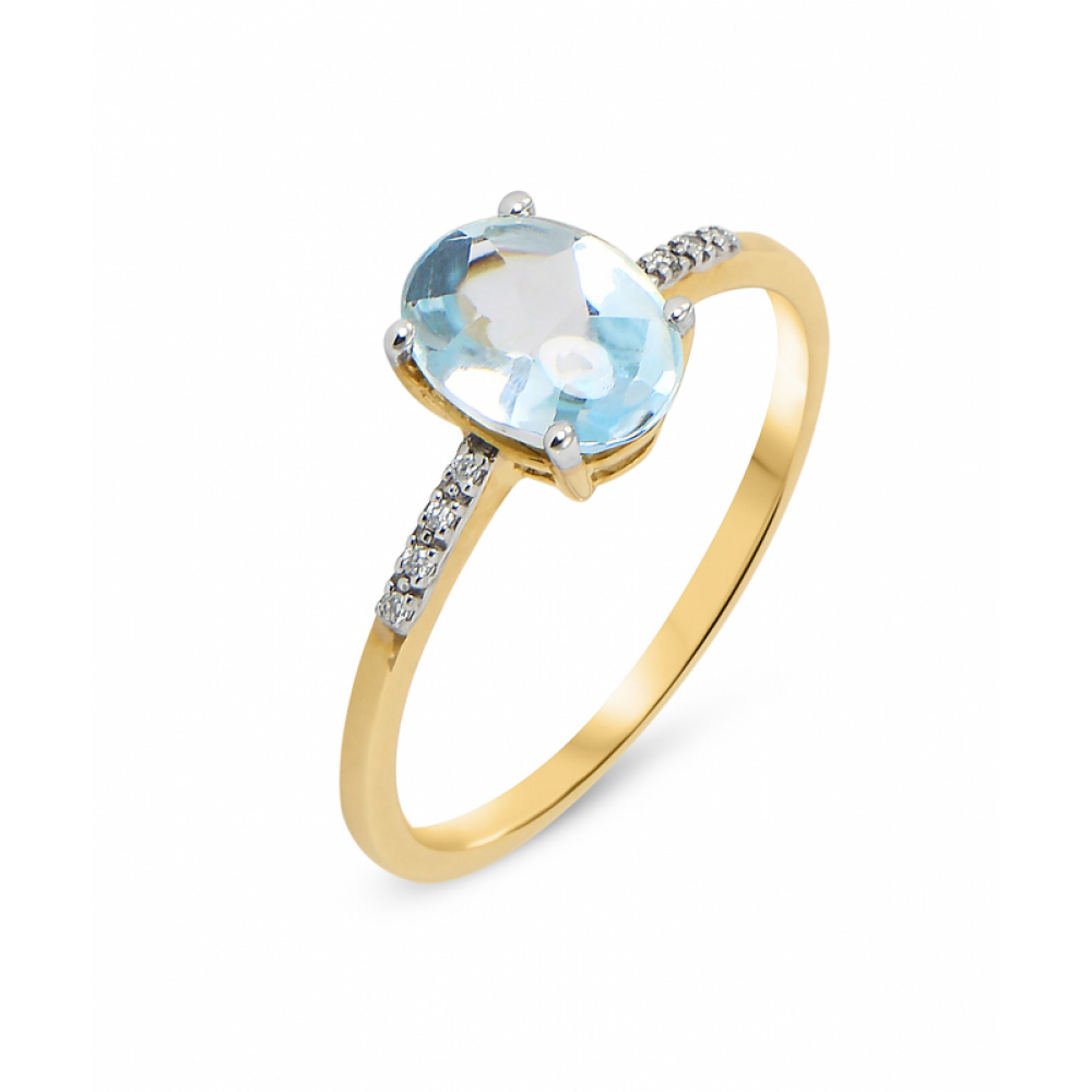 Bague Or Jaune 375 Topaze Bleue Ovale 8x6mm et Diamant Bijoux Femme