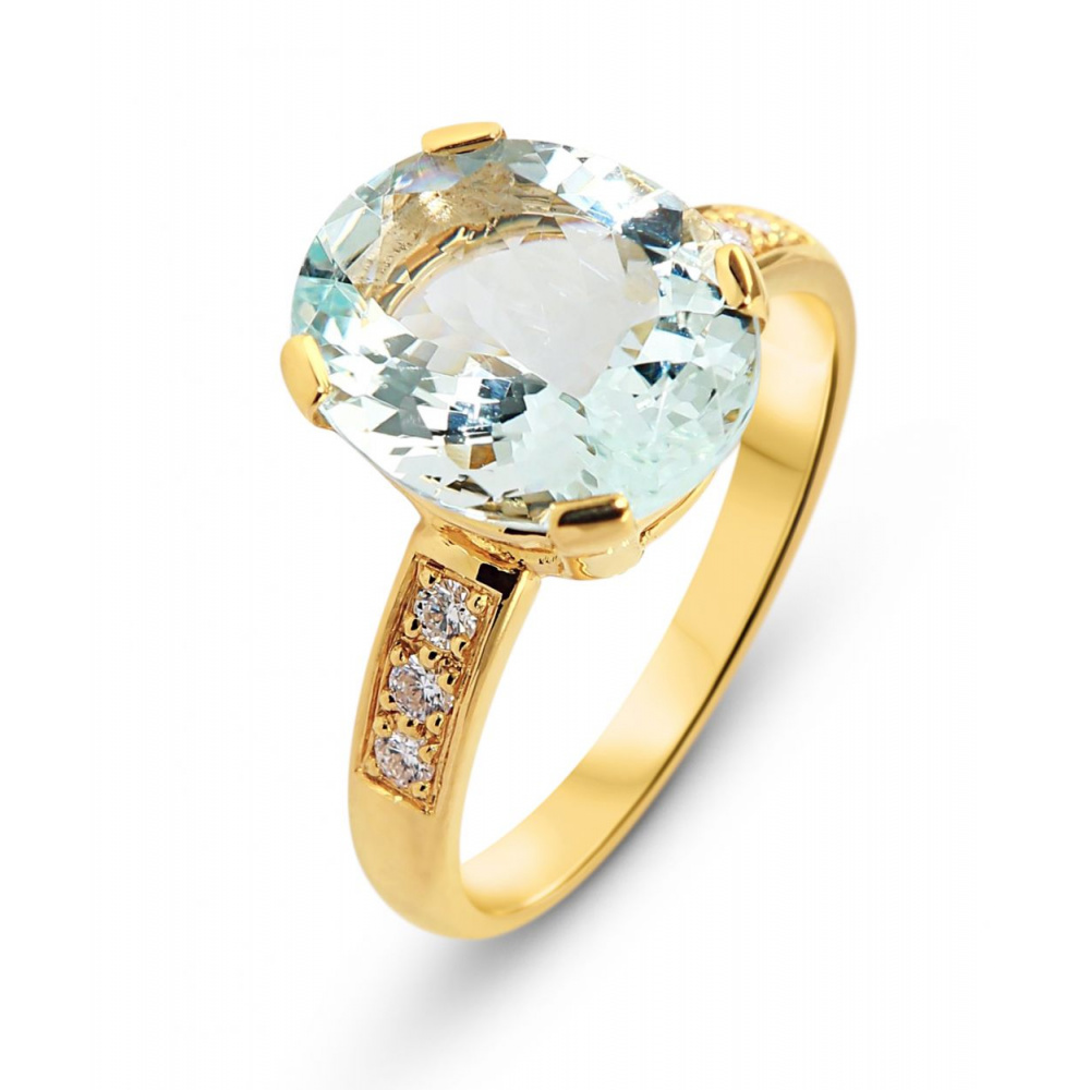 Bague Or Jaune 750 Aigue Marine ovale 12x10mm et diamants Ref. 48329