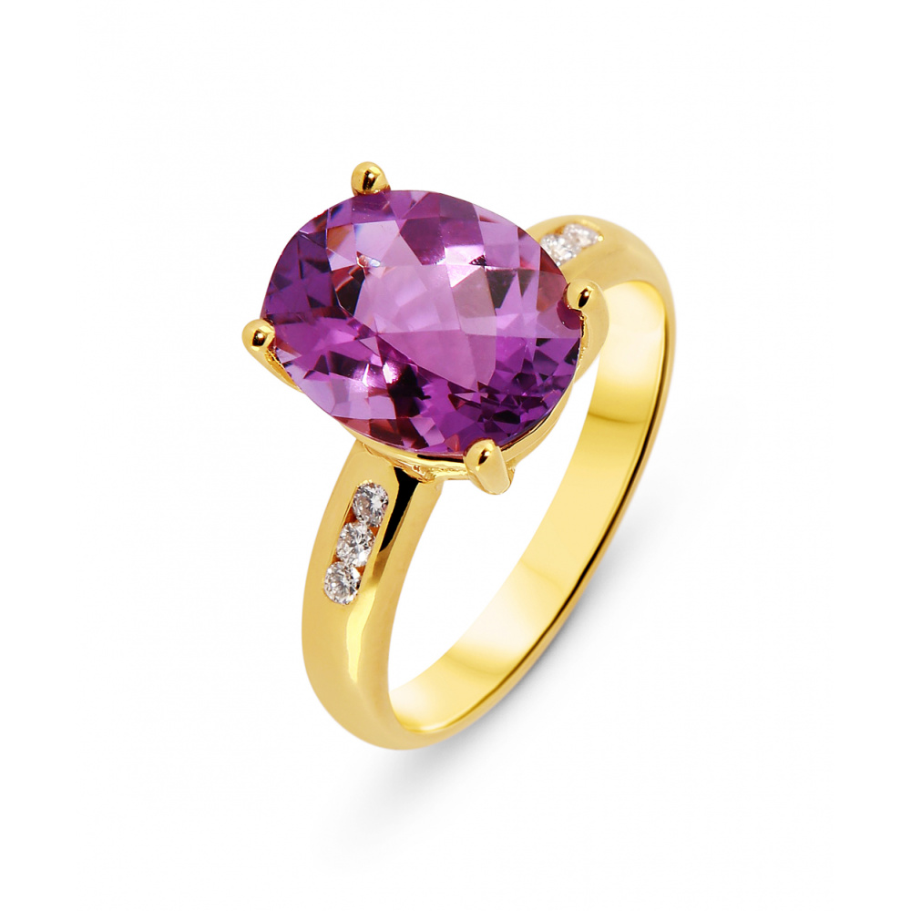 Bague Or  Jaune 750 Amethyste Ovale 12x10mm et Diamant - Bijoux Femme