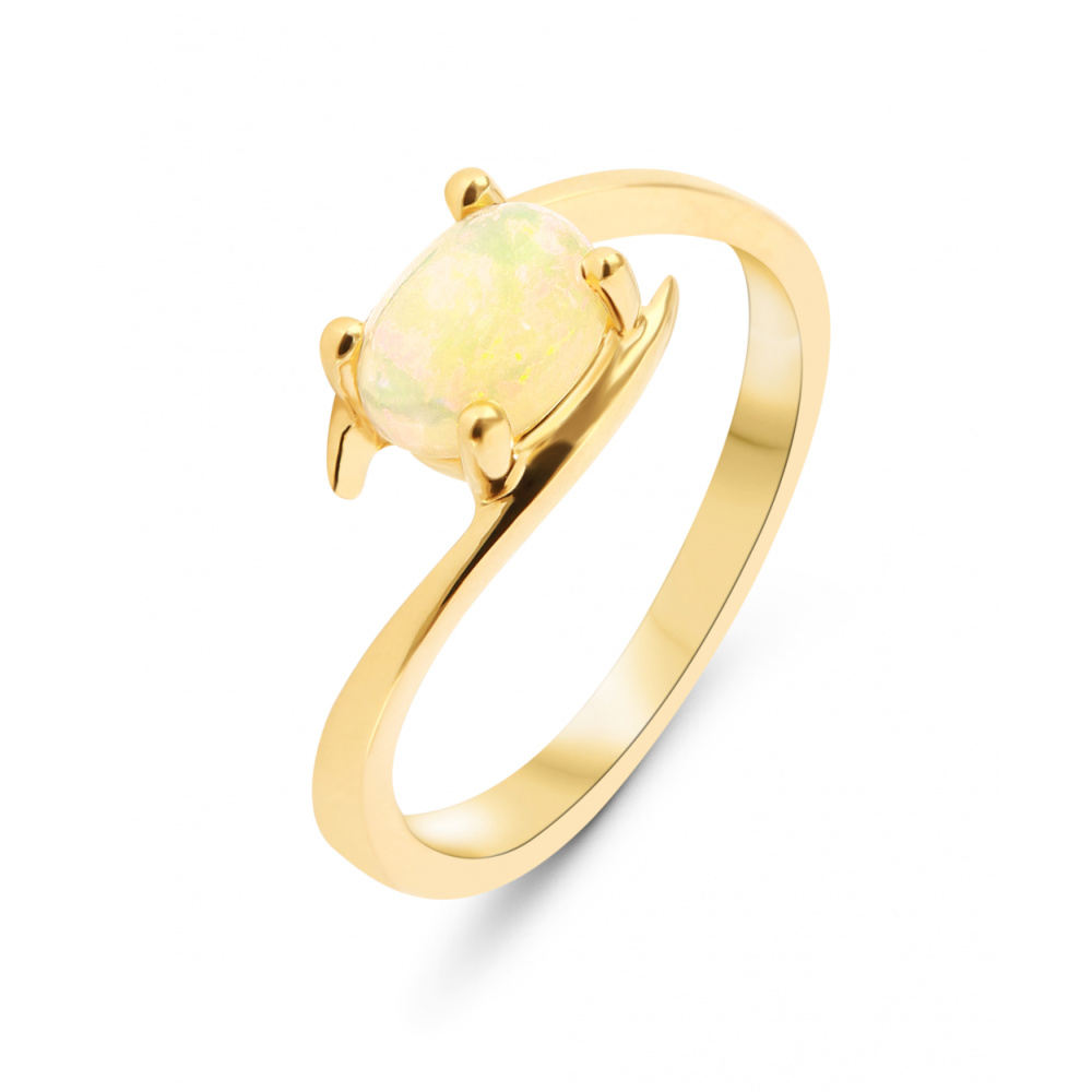 Bague Solitaire Cocktail édouardienne - Or Jaune 14k, Opale Ovale, Motifs Milgrain - Occasion