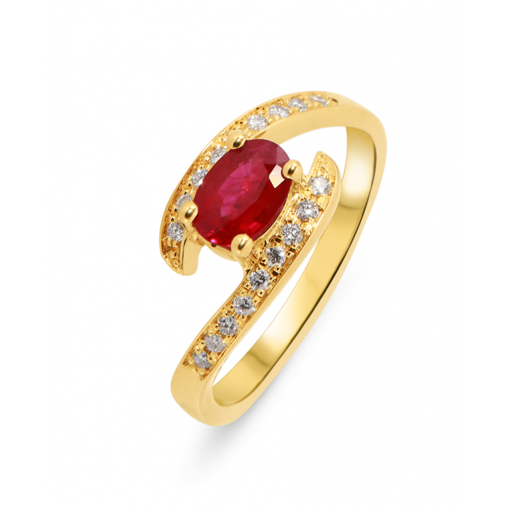 Bague En Or 18 Carats (750) Jaune Avec 7 Rubis Naturels - Taille 51 Ajustable