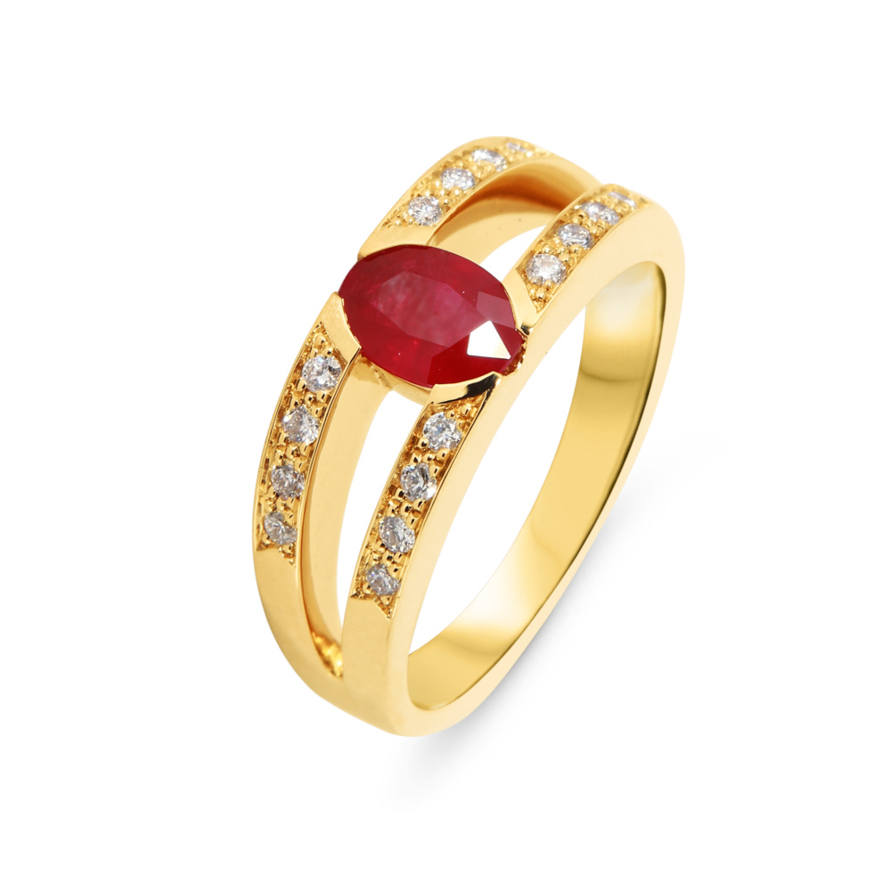 Bague Or Jaune 18 Carats Avec Rubis Ovale Et Diamants - Christian Bernard T55 - Bijou Femme Neuve
