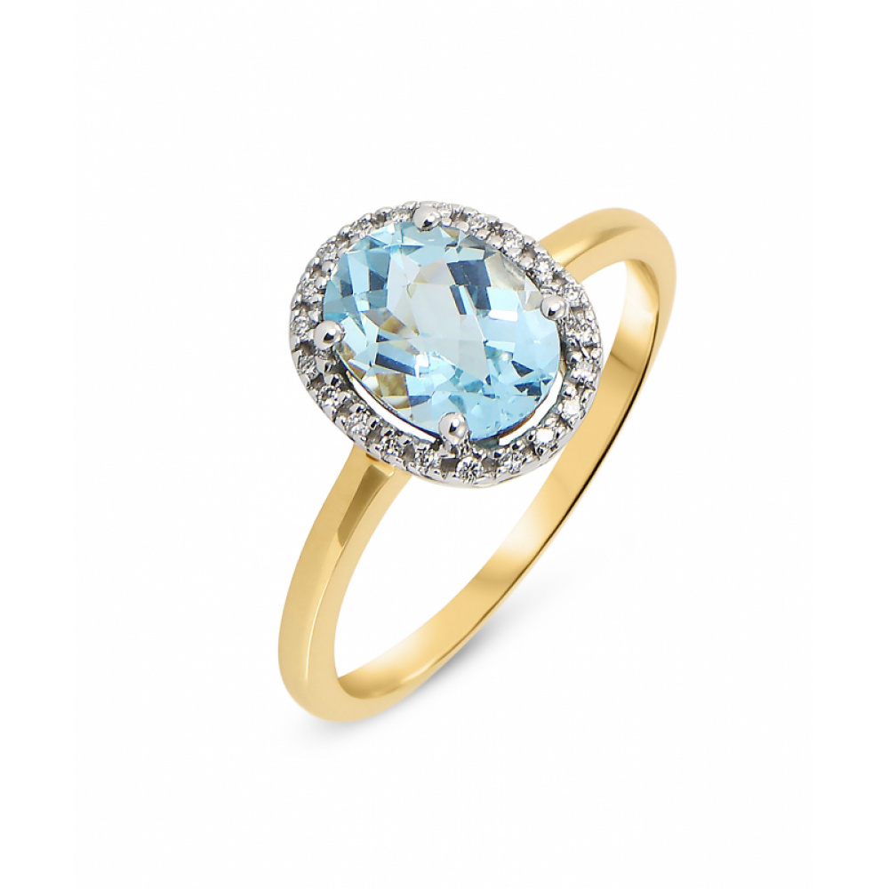 Bague Or Jaune 750 Topaze Bleue Ovale 8x6mm et Diamant Bijoux Femme
