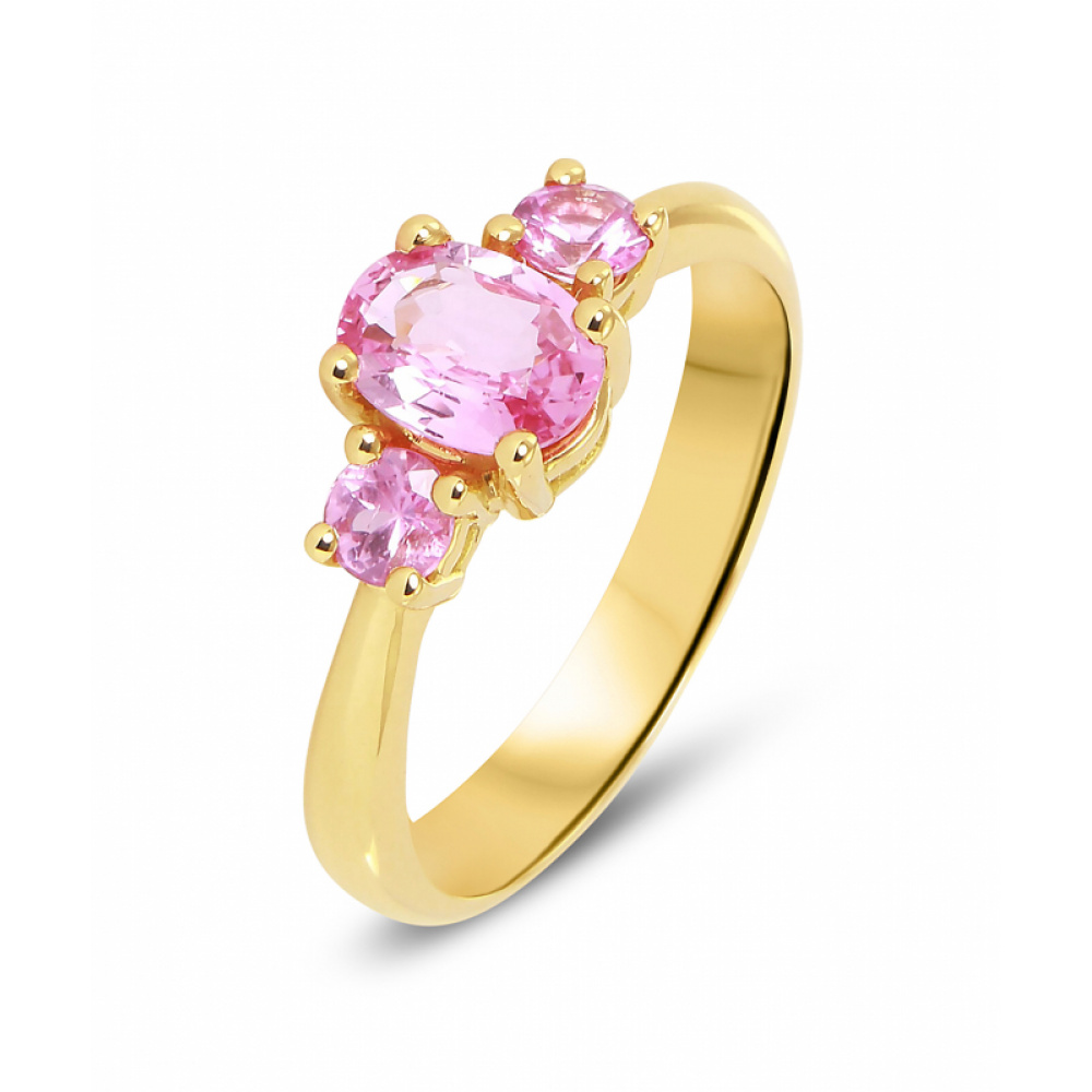 Bague Or Jaune 750 Trilogie Saphirs Roses - Bijoux Femme