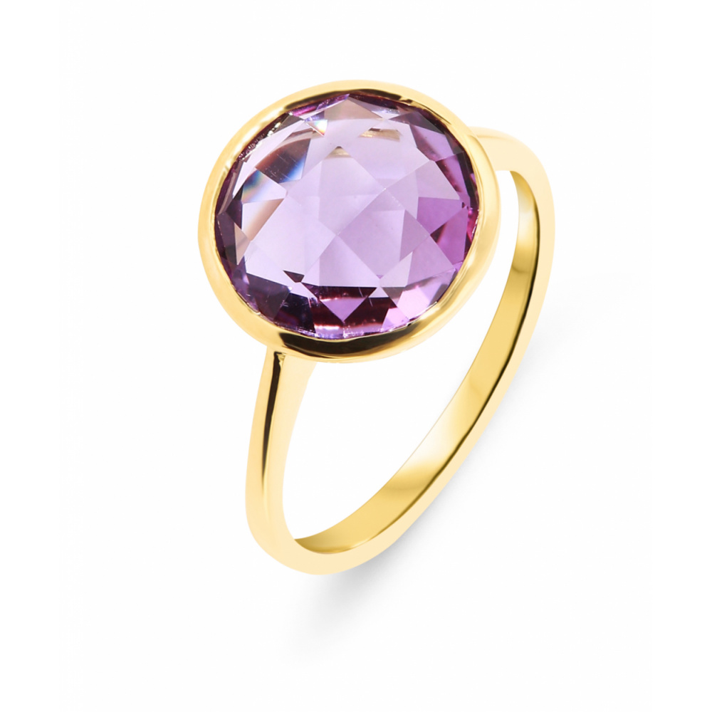 Bague Or Jaune Amethyste ronde 10mm - Bijoux Femme