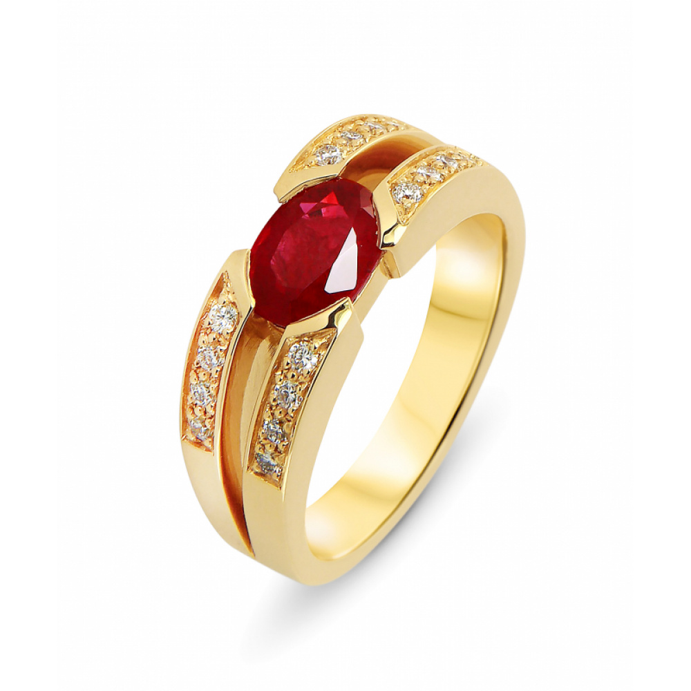 Bague Or Jaune Rubis Ovale 8x6mm et Diamant - Bijoux Femme