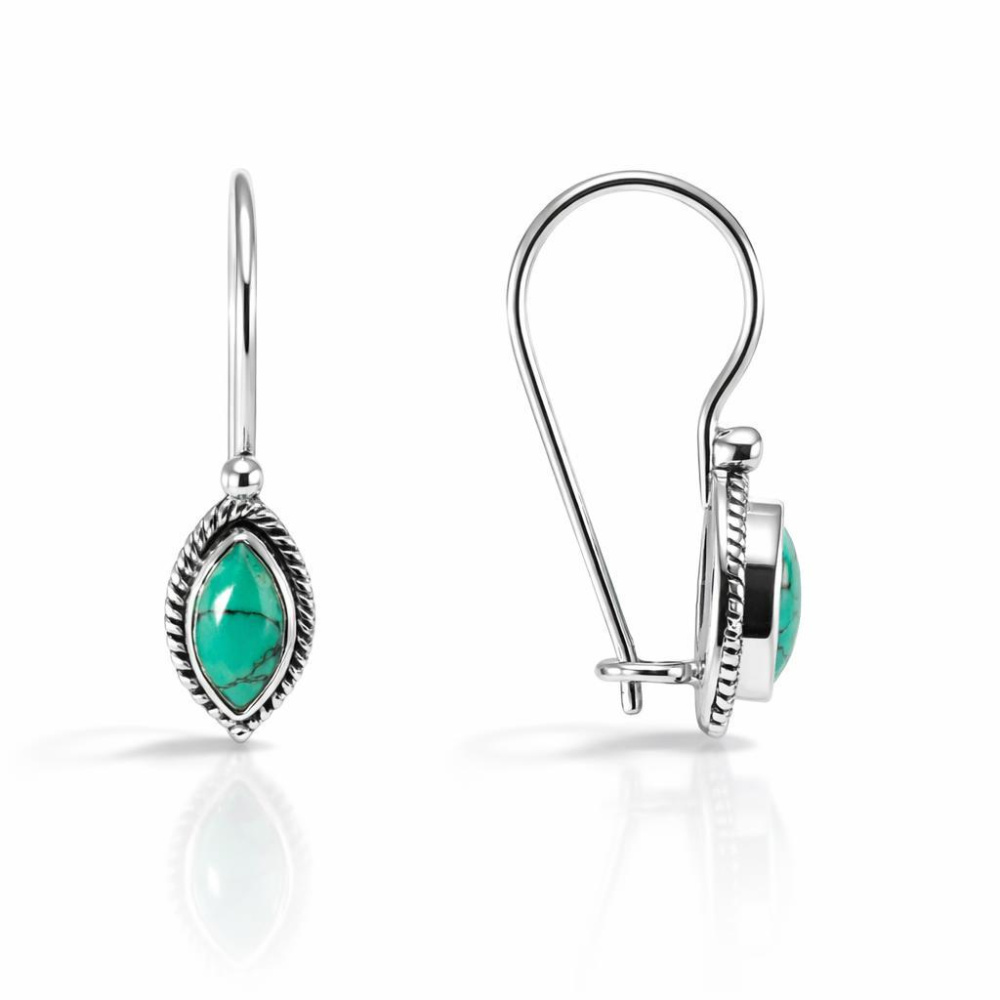 Boucles D'oreilles Style Tibétain Avec Turquoise Reconstituée - Dormeuses Bleues