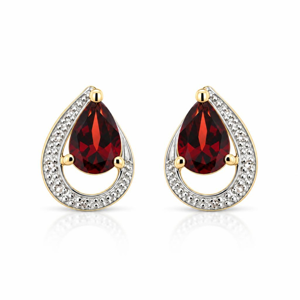 Boucles D'oreilles Clous Grenat Argent 925 Plaqué Or Jaune - Neuves Avec étiquettes