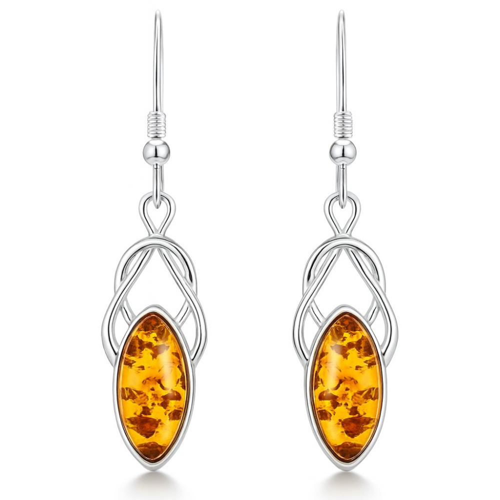 Boucles D'oreilles Pendantes En Argent 925 Et Ambre Naturelle - Pierre Orange - Bijoux Femme