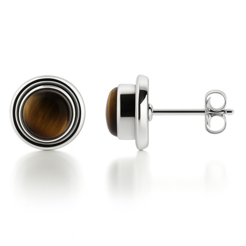 Boucles D'oreilles Argent Et Pierre Semi-précieuse Oeil De Tigre - Neuf Sans Emballage, Style Puces