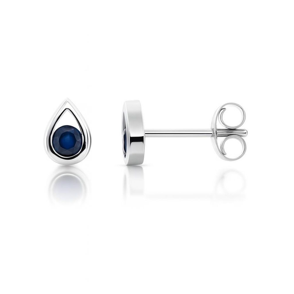 Boucles D'Oreilles En Or Blanc 7K Avec Saphir 4 Mm Et Zircons 2 Mm - NEUVES Sans Emballage
