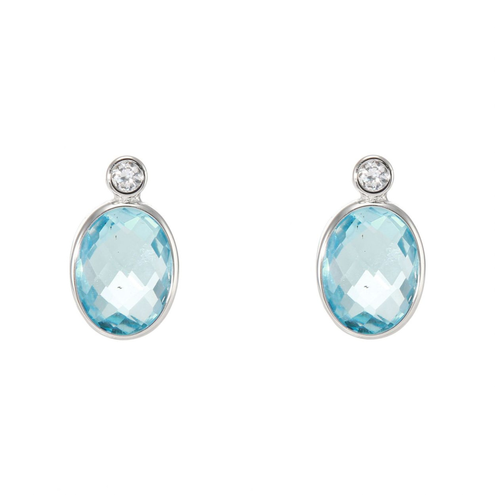 Boucles D'oreilles Clous Plaqué Or, Rhodium Et Oxyde De Zirconium Blanc Et Bleu