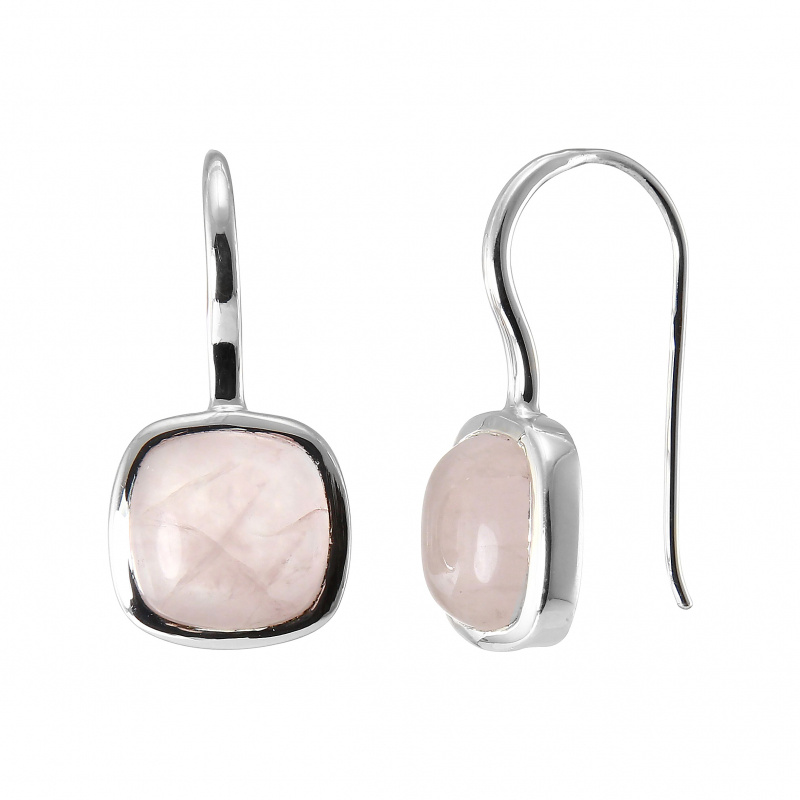 Boucles D'oreilles Longues Pendantes Anciennes En Argent Massif Avec Quartz Rose Sculpté