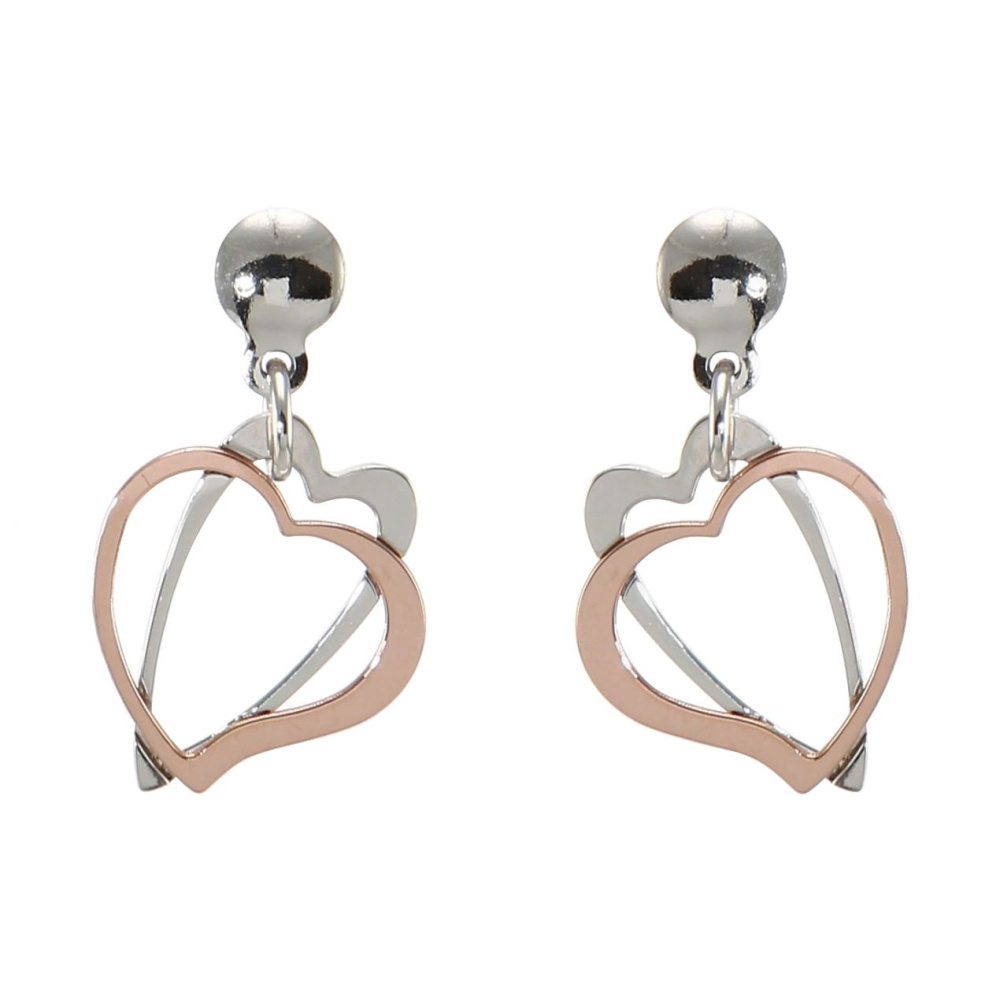 Boucles D'oreilles Pendantes En Forme De Cœur - Métal Argenté Rhodié Avec Strass Blancs - Occasion Bon état