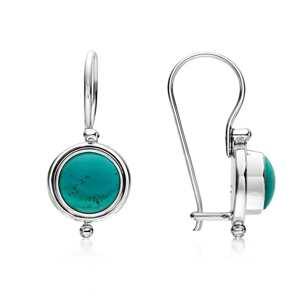 Boucles D'oreilles Anciennes En Argent - Pierres Turquoise Et Nacre - Style Vintage - Occasion