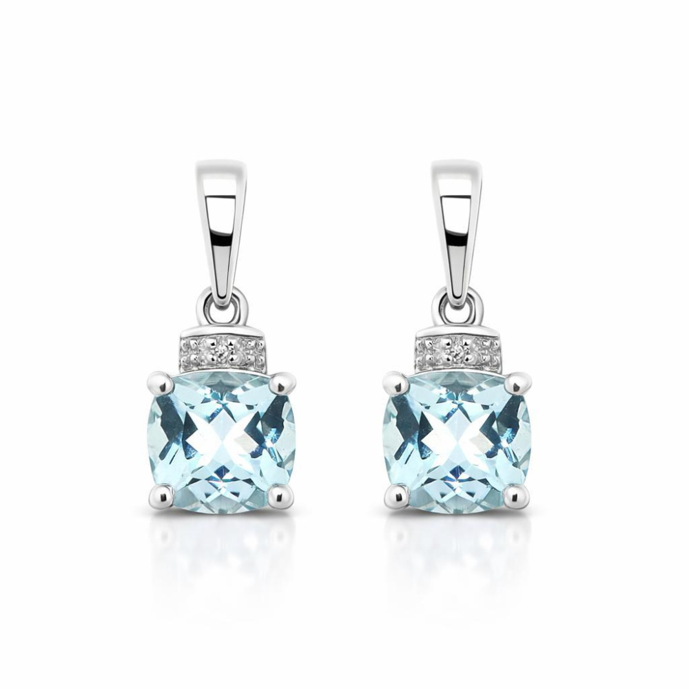 Pendant D Oreilles Or Blanc 18k Topaze Bleu 2 Pierres 590619