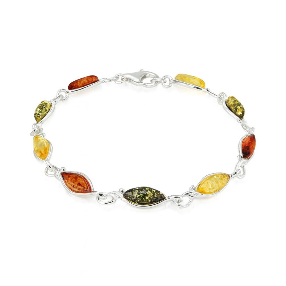 Bracelet Souple En Argent 925 Et Ambre Cognac - Longueur 18.5 Cm, Occasion, Bijou Naturel
