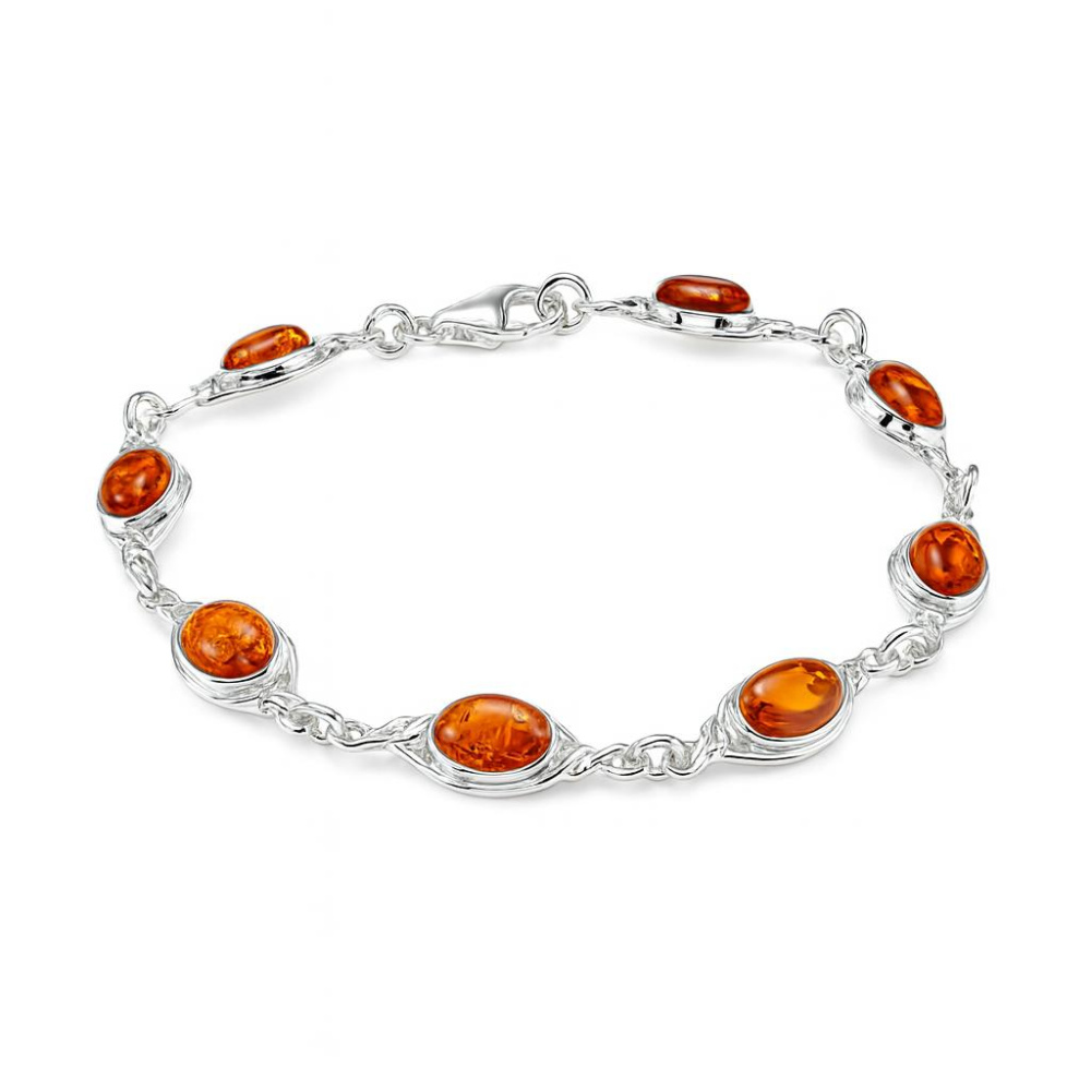 Bracelet Argent Massif 925 Avec Cabochon Ambre Naturelle - Modèle B36, Occasion Porté