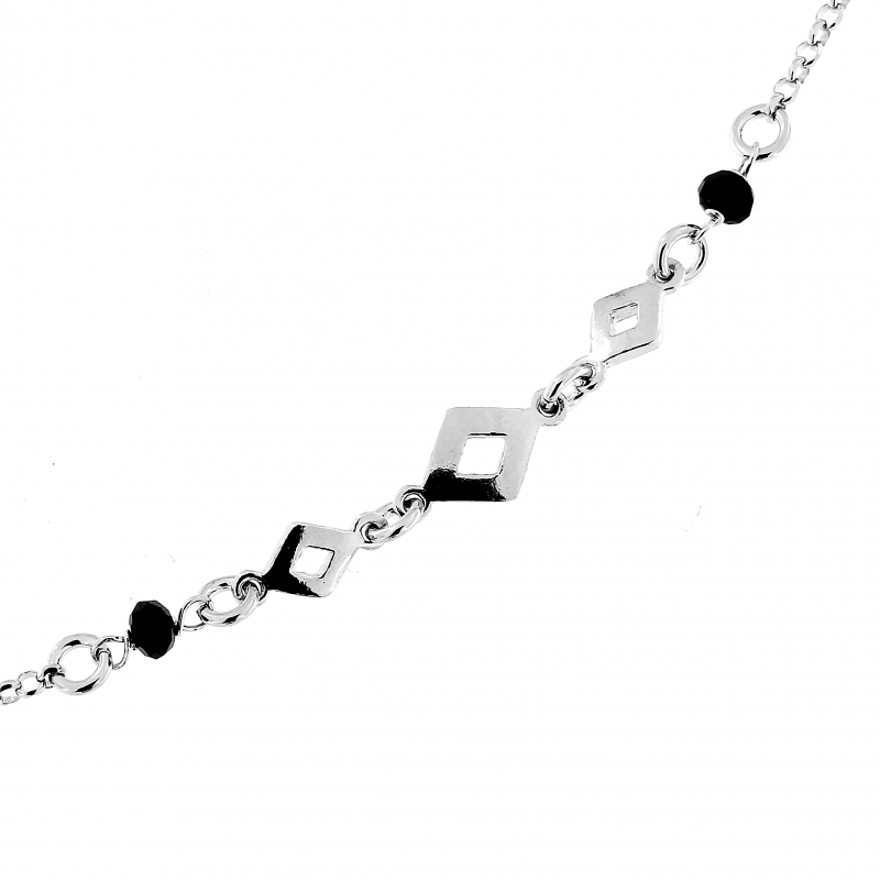 Bracelet argent rhodie motifs losanges et perles noires a facettes - Bijoux Femme