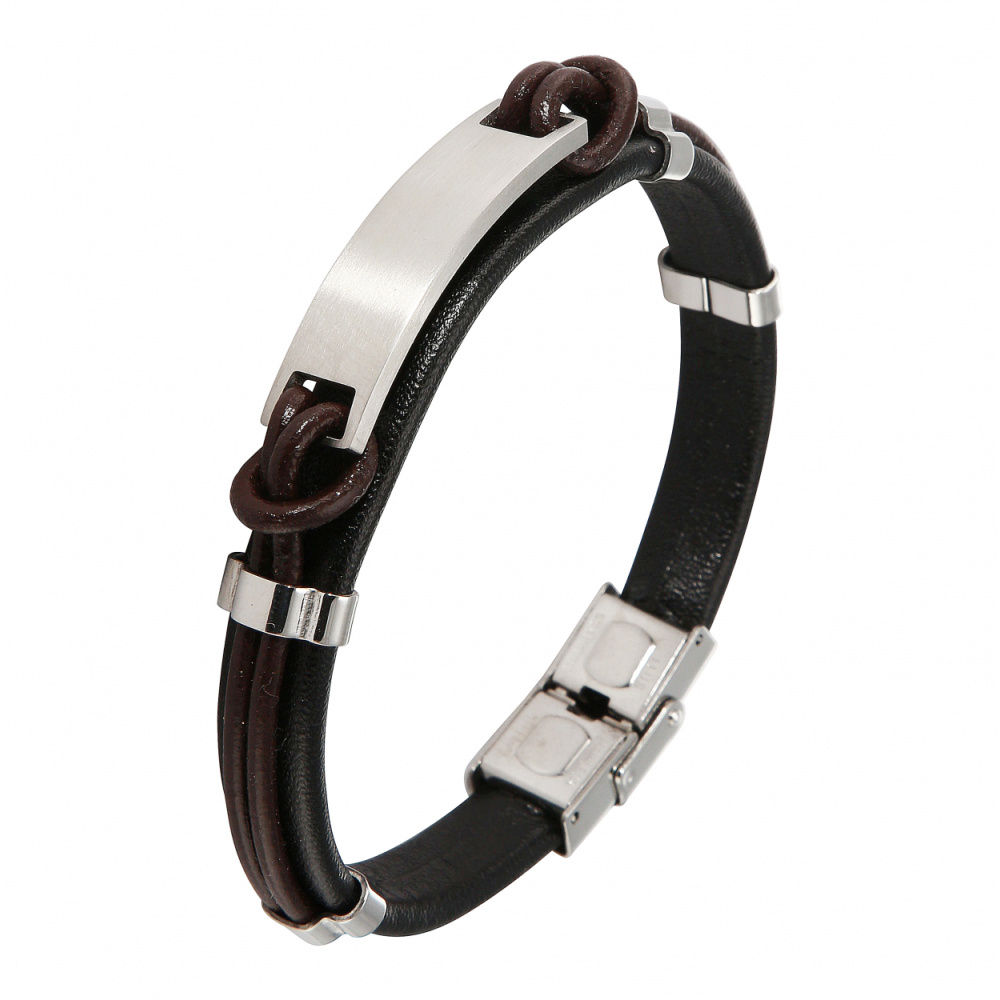 Bracelet Homme Cuir Et Acier Noir - Orné De Zirconium Et Ruthénium, Longueur 21 Cm, Neuf
