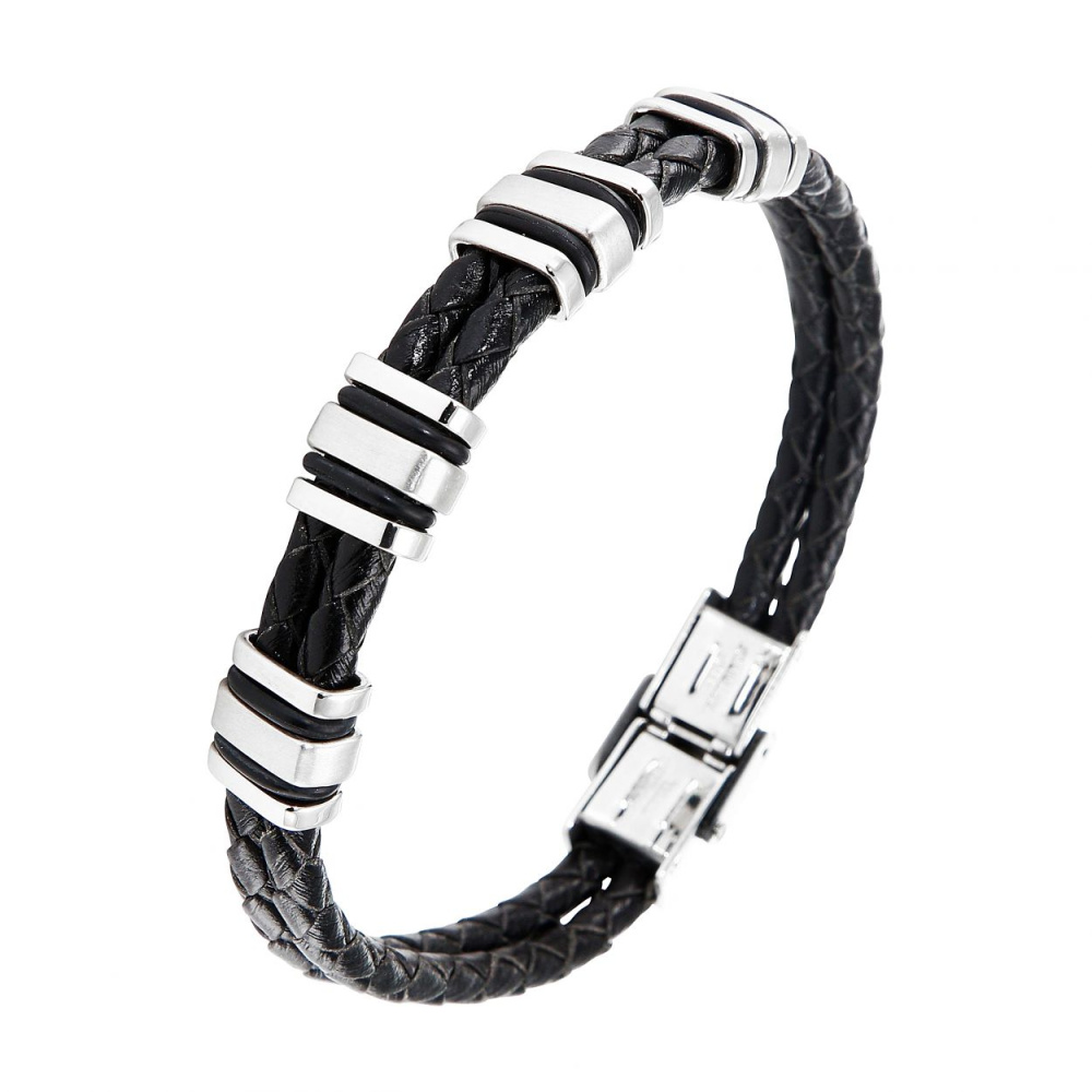 Bracelet homme cuir noir tressé, acier et caoutchouc 1,1x21 Ref. 47354