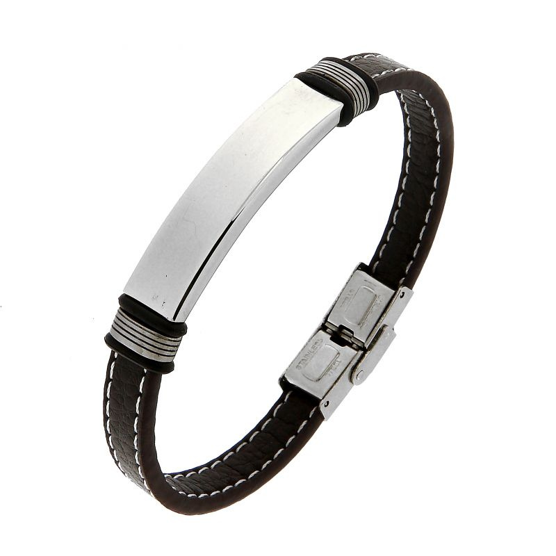 Bracelet homme en cuir marron avec plaque en acier Ref. 45648