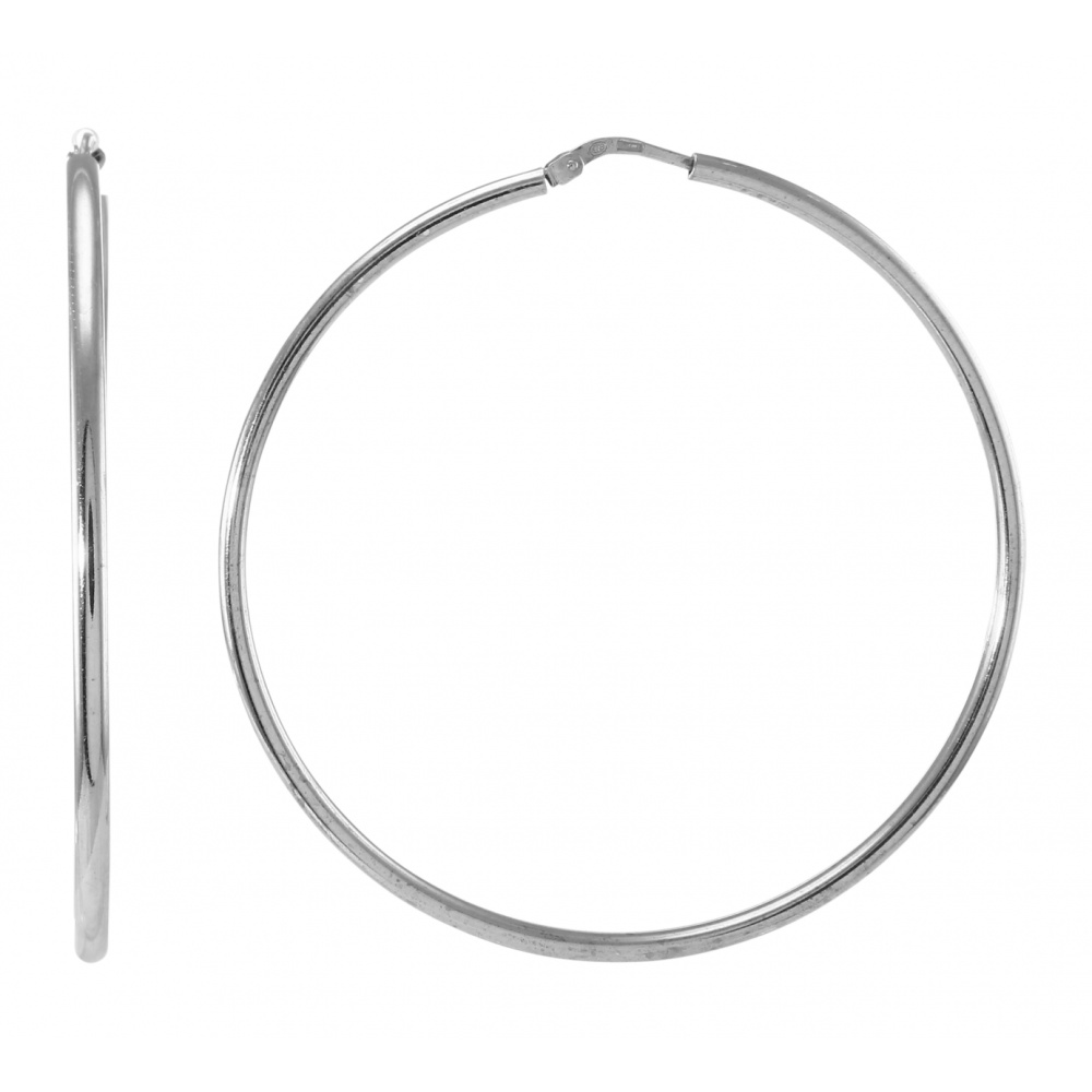 Boucles D'oreilles Créoles Lisses En Argent Massif 925/1000 - Diamètre 3 Cm, Rhodié - Neuf Avec étiquettes