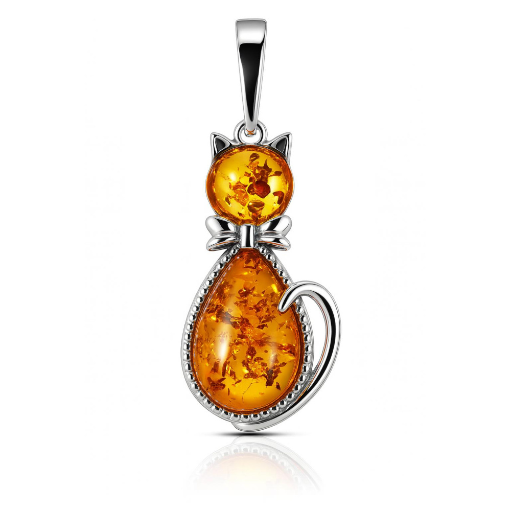Pendentif Chat En Ambre Véritable Et Argent 925 - Collier Unisexe Neuf Avec étiquettes - Fabriqué En Allemagne