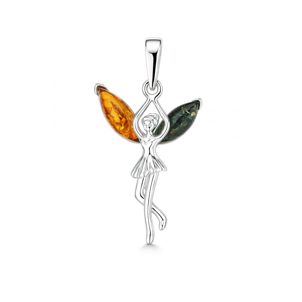 Pendentif Argent Fée Avec Pierre Ambre - Bijou Fantaisie Vintage Unique