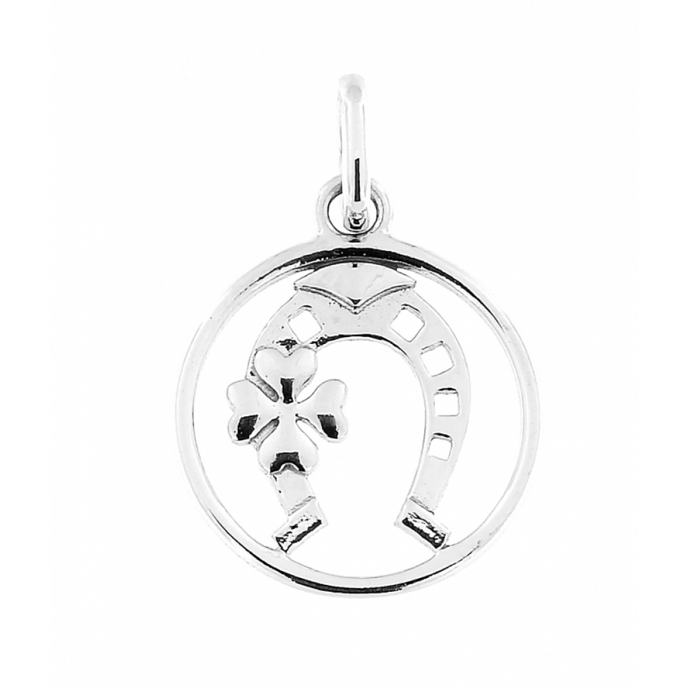 Pendentif argent rond avec fer a cheval et trefle 4 feuilles - Bijoux Femme