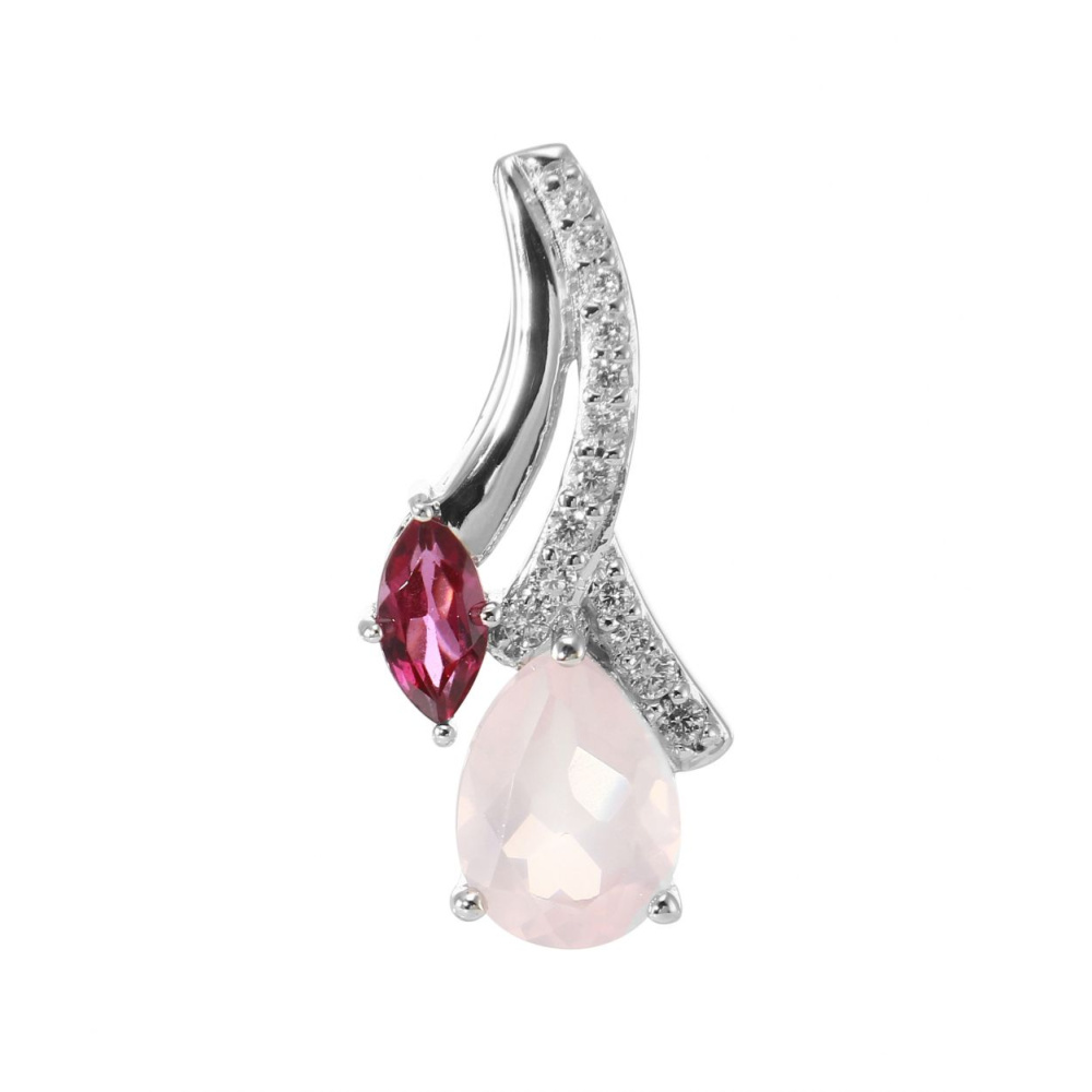 Pendentif En Argent 925, Grenat Naturel Et Opalite Rose - Fait Main Indonésie - 37x11 Mm