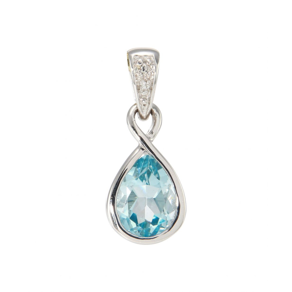 Pendentif Or Blanc 9 Carats Avec Diamant Et Topaze Bleue - Dimensions 14mm X 8mm - Neuf Avec étiquettes