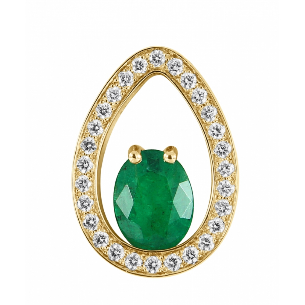 Pendentif Or Jaune 750 emeraude ovale 8x6mm et diamants  - Bijoux Femme